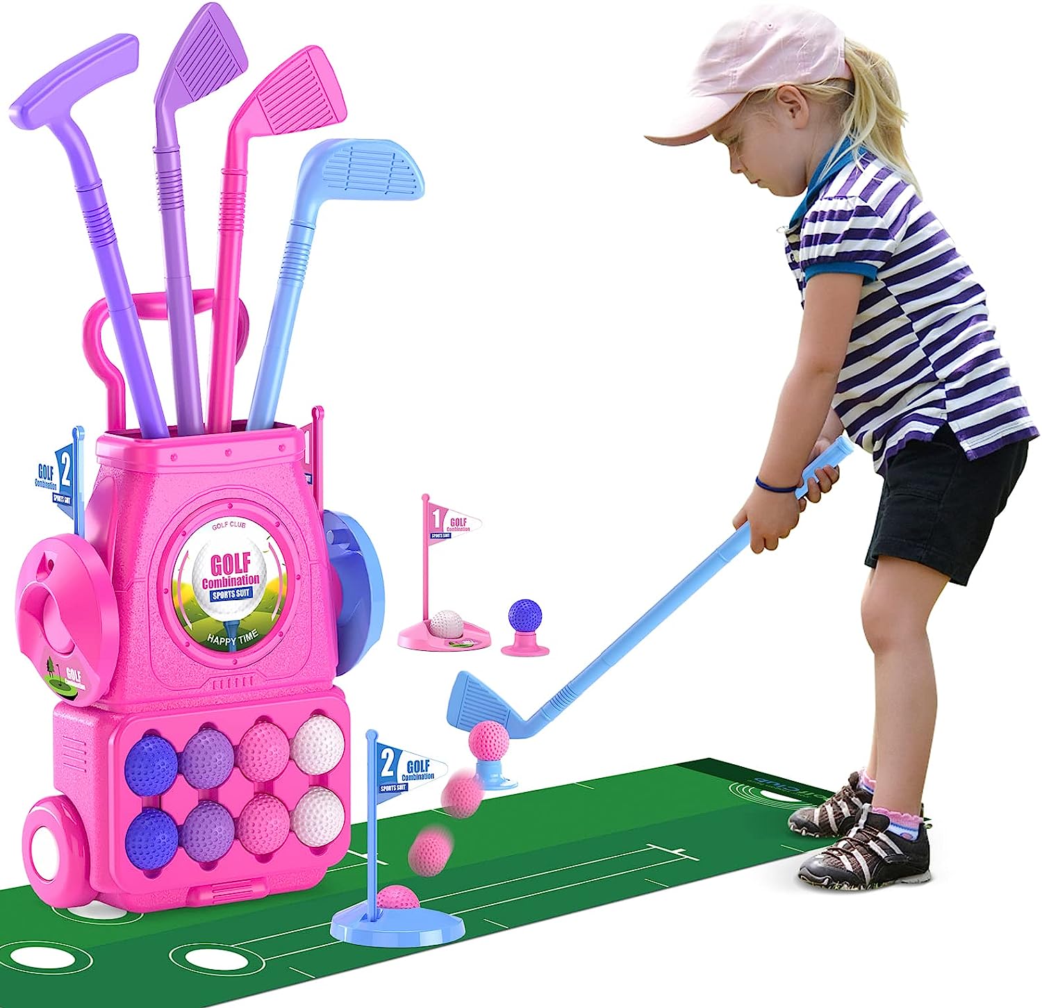 Pink Kids Golf Club Set with P - Kids Indoor Outdoor Cart recension och pris