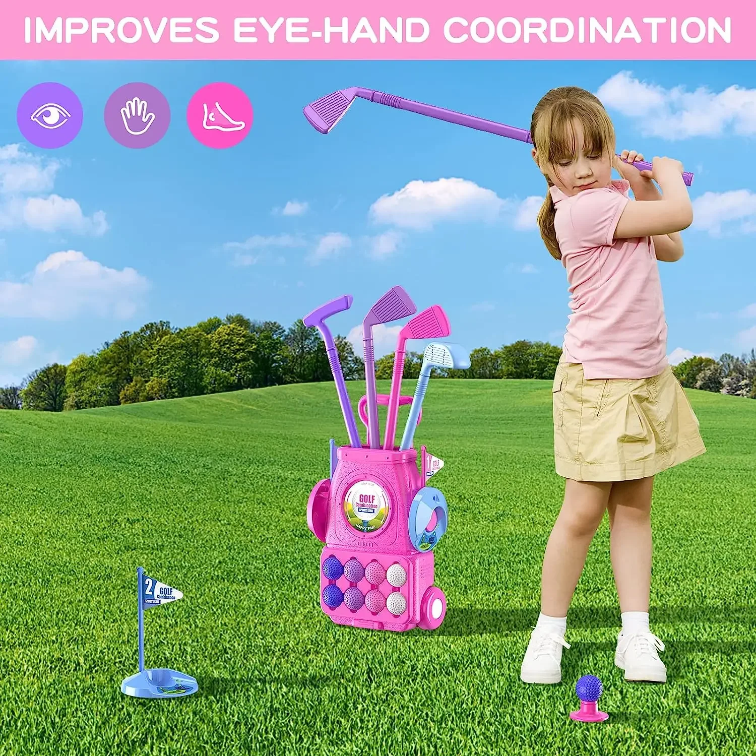 Pink Kids Golf Club Set with P - Kids Indoor Outdoor Cart recension och pris